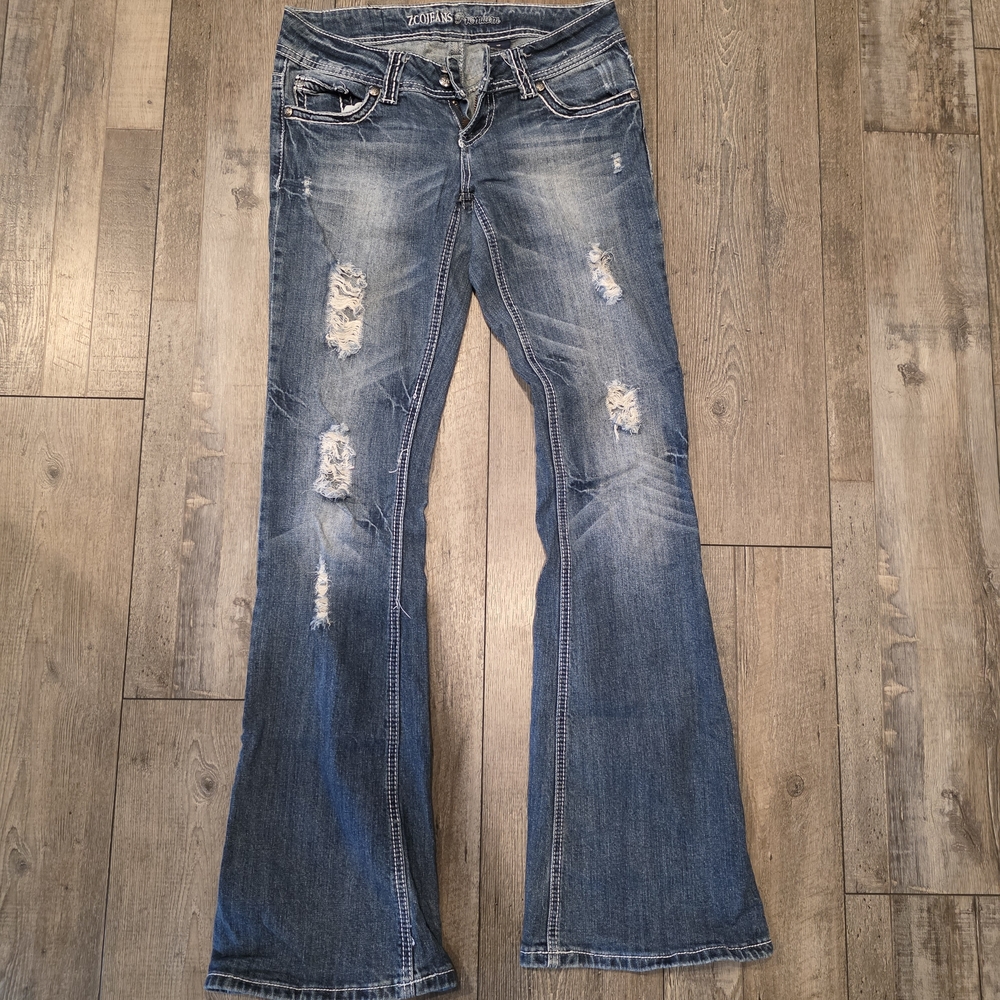 Women's Distressed Flare Jeans in Blue